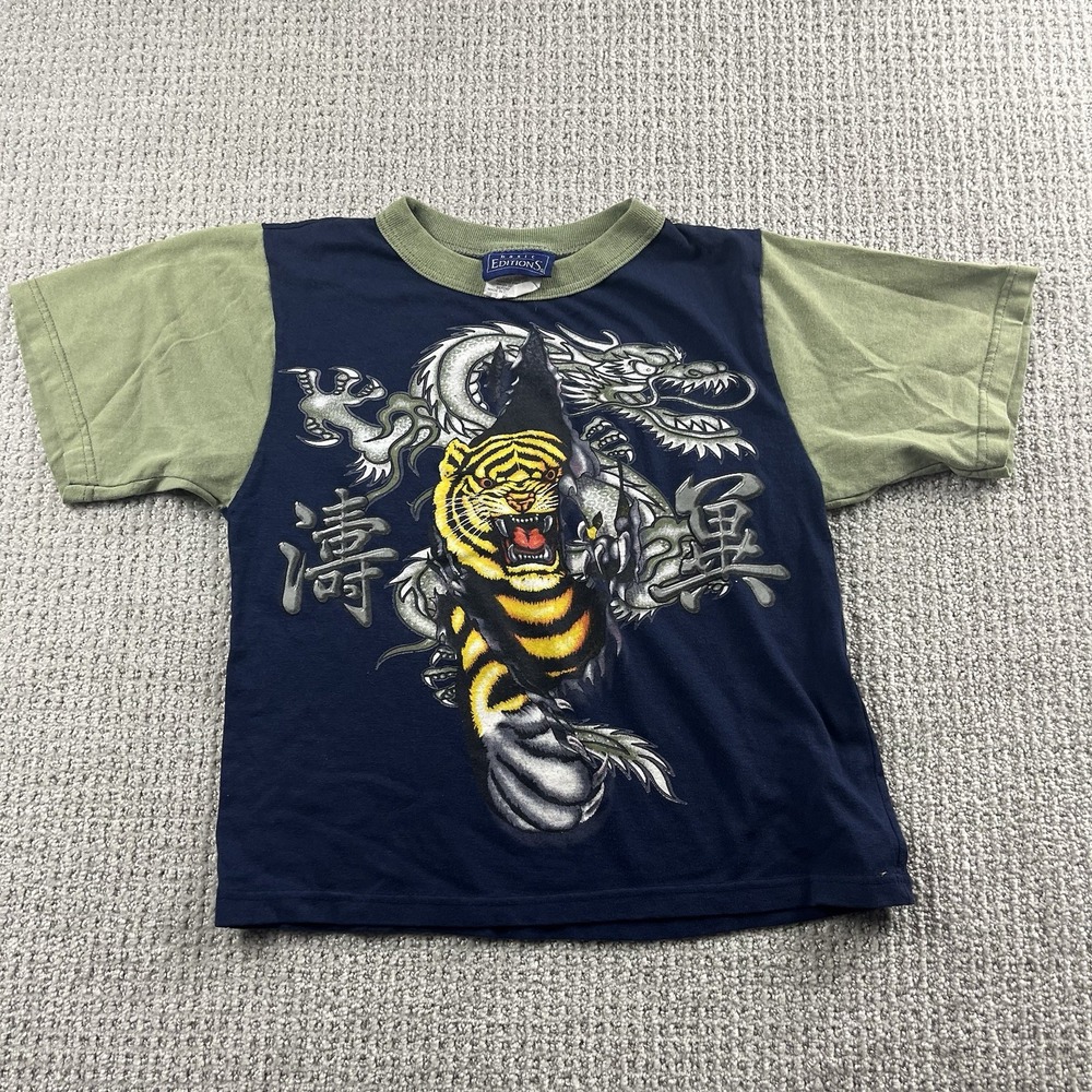 Vintage Y2K Basic Editions Tiger Dragon Shirt Skater Grunge Boys Youth 8 Medium